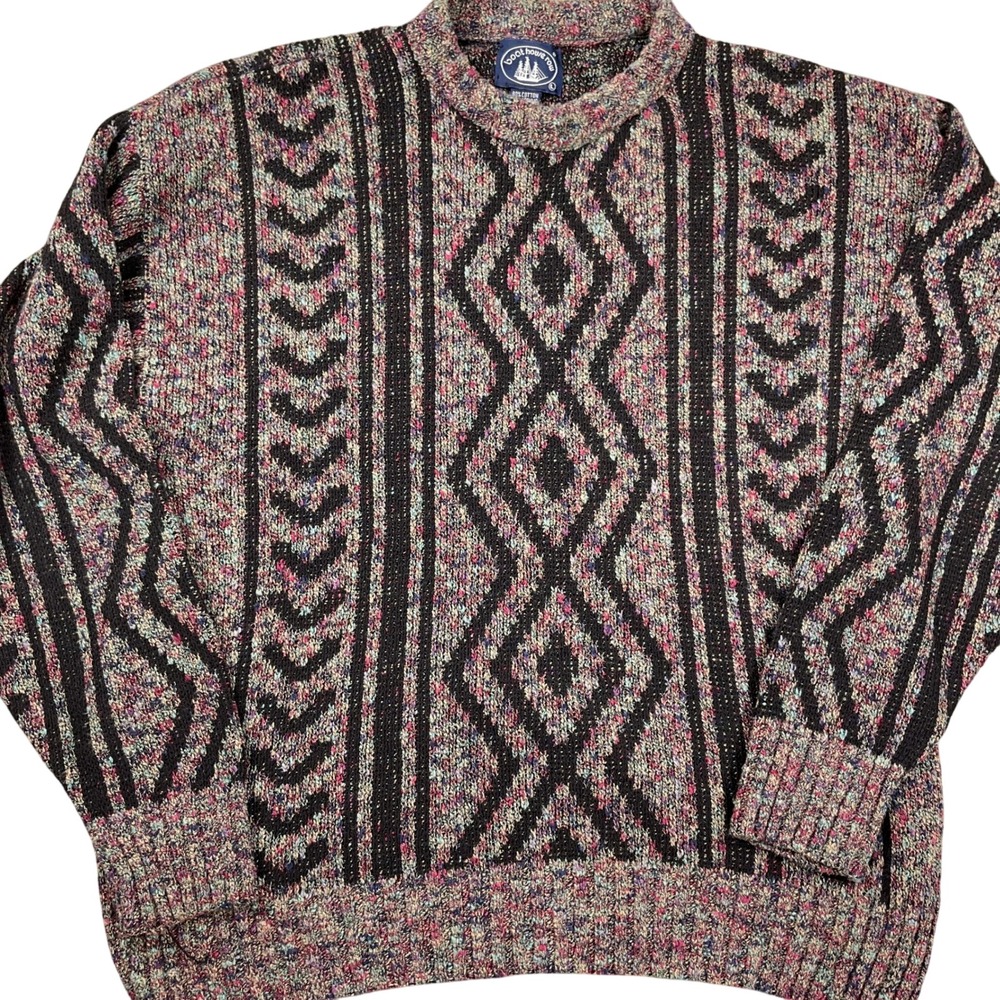 Boat House Row Sweater Men Large Multi Black Stripe Diamond Cotton USA 80s VTG